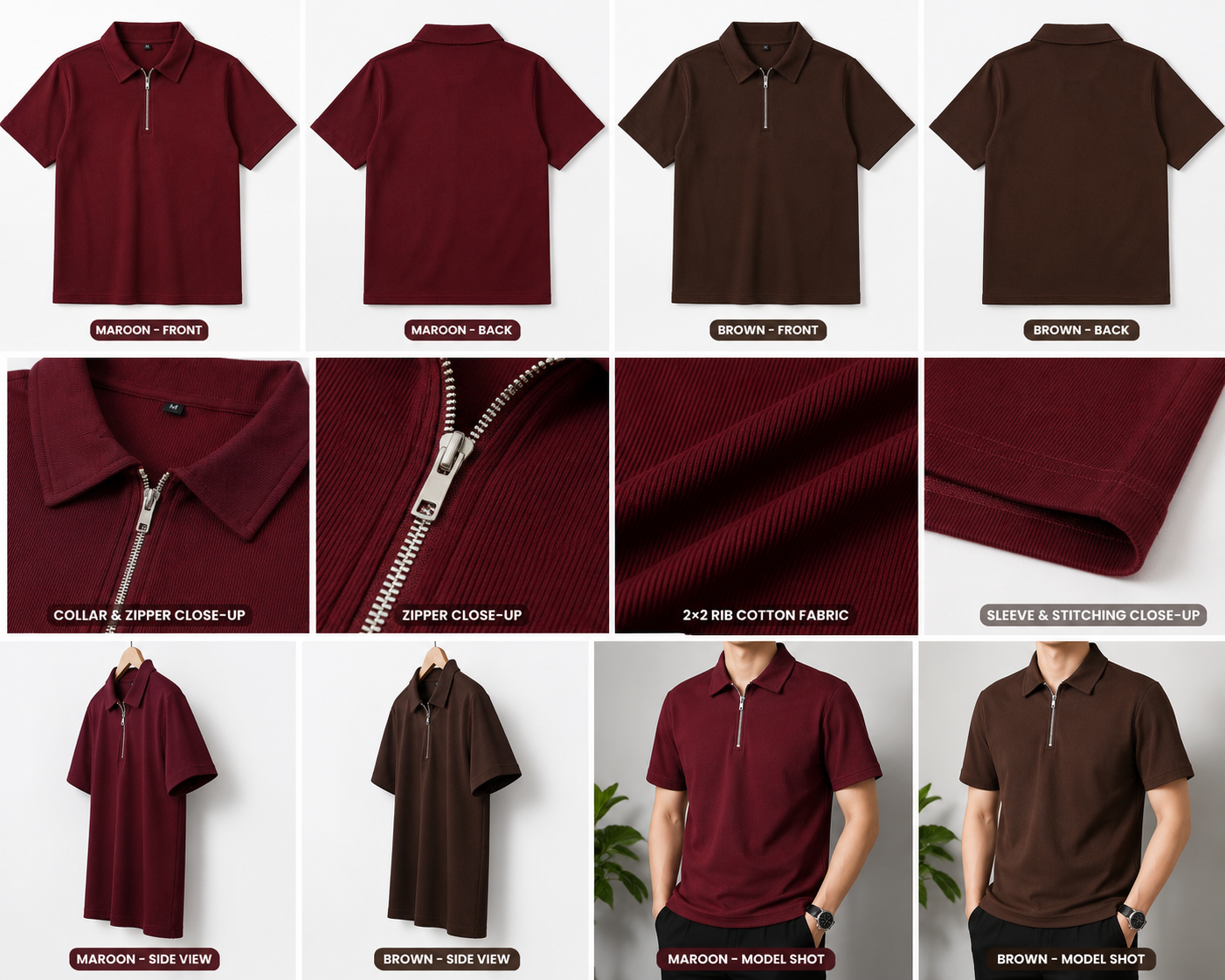 Zipper Polo Brown & Maroon Colored Two T-Shirt COMBO SET Premium