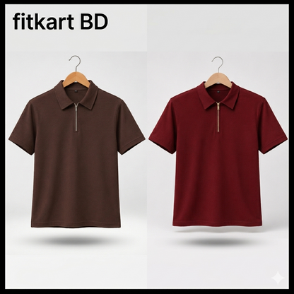 Zipper Polo Brown & Maroon Colored Two T-Shirt COMBO SET Premium
