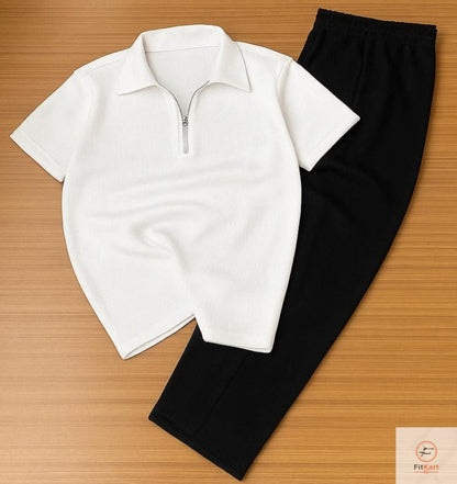 Zipper Polo  White T-Shirt & Black Pant COMBO SET