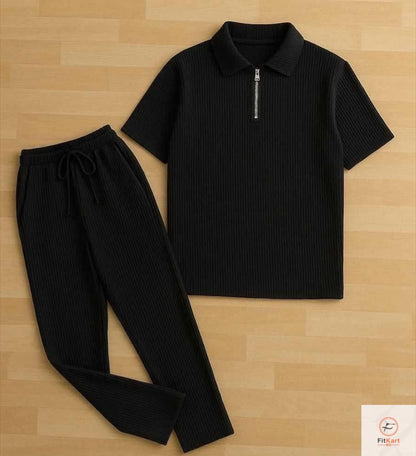 Zipper Polo Black T-Shirt & White Pant COMBO SET