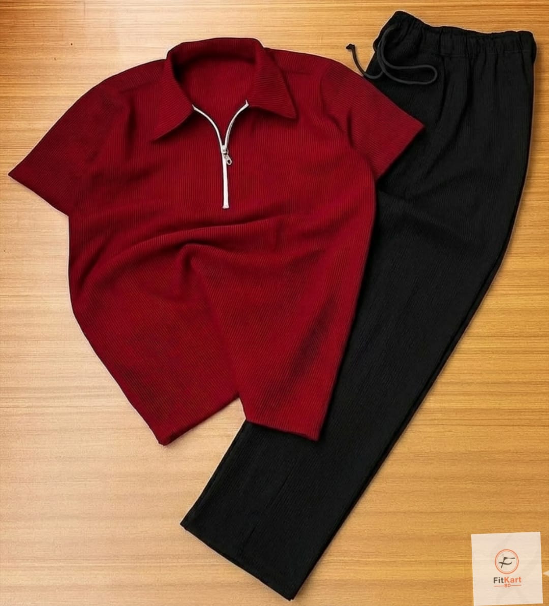 Zipper Polo Red-Maroon T-Shirt  & Black Pant COMBO SET