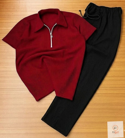 Zipper Polo Red-Maroon T-Shirt  & Black Pant COMBO SET