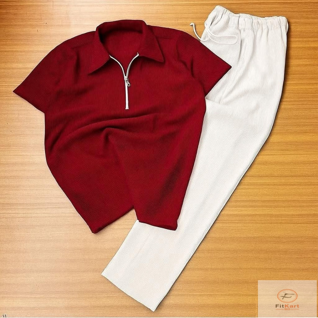 Zipper Polo Red-Maroon T-Shirt  & Black Pant COMBO SET