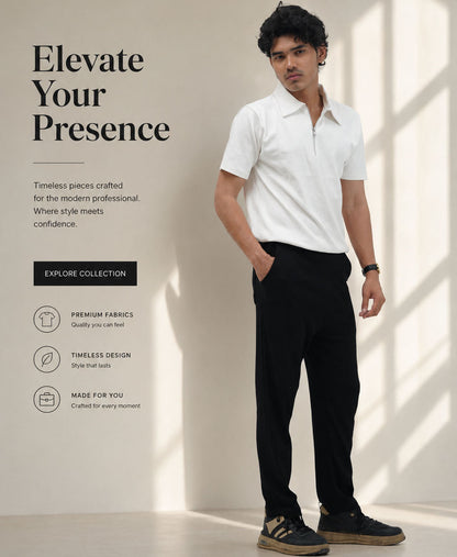 Man wearing a white polo shirt and black pants with text about elevating presence.
