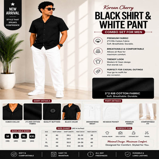 Premium Korean Cherry Black Shirt & white Pant Combo Set for Men