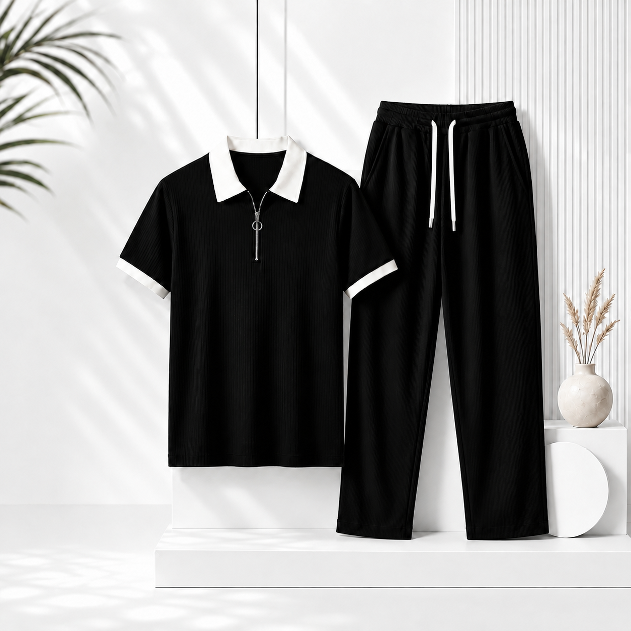Man's Loose Fit Zipper Polo & Trouser Set - BLACK & BLACK