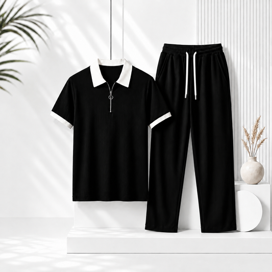 Man's Loose Fit Zipper Polo & Trouser Set - BLACK & BLACK
