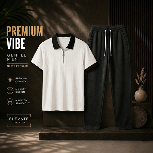 Man's Loose Fit Zipper Polo & Trouser Set - WHITE & BLACK