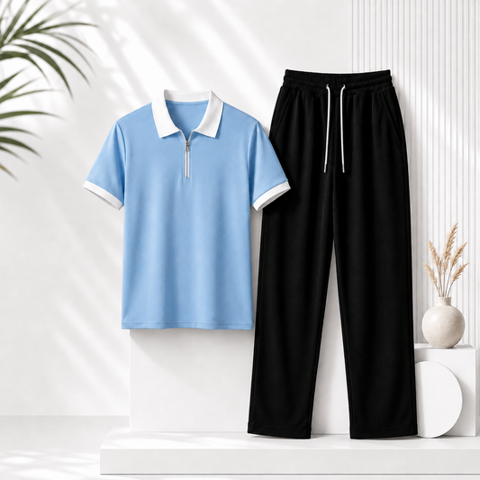 Man's Loose Fit Zipper Polo & Trouser Set - BLUE & BLACK