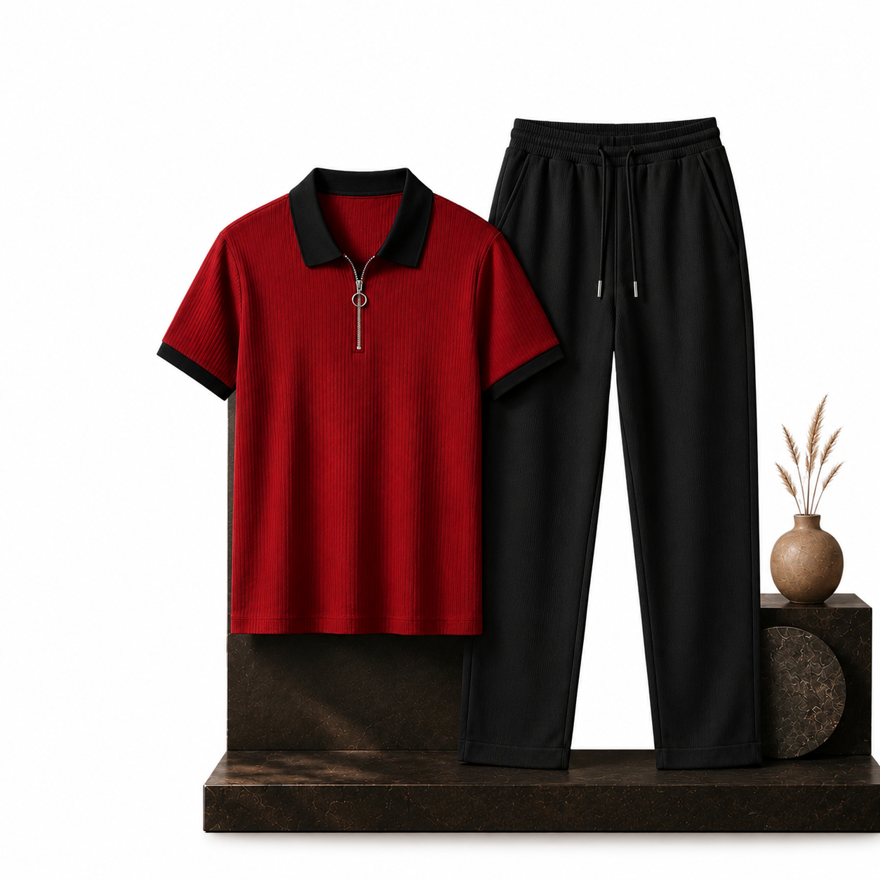 Man's Loose Fit Zipper Polo & Trouser Set - MAROON & BLACK