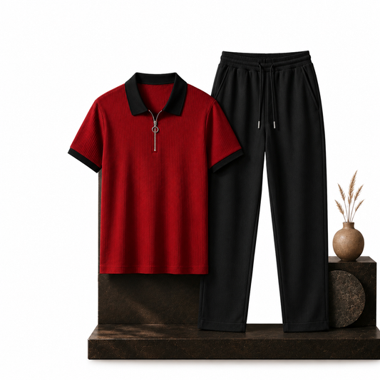 Man's Loose Fit Zipper Polo & Trouser Set - MAROON & BLACK