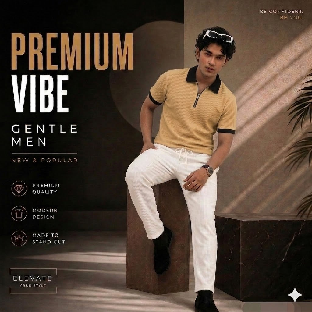 Man's Loose Fit Zipper Polo & Trouser Set - Brown & White