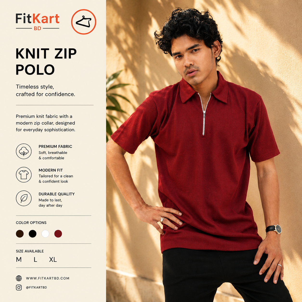 Zipper Polo Red-Maroon T-Shirt  & Black Pant COMBO SET