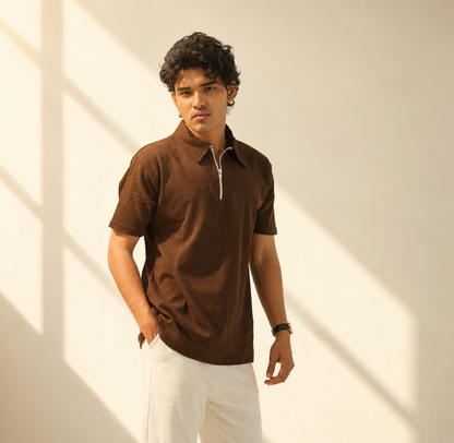 Zipper Polo Coffee Colored T-Shirt  & White Pant COMBO SET Premium