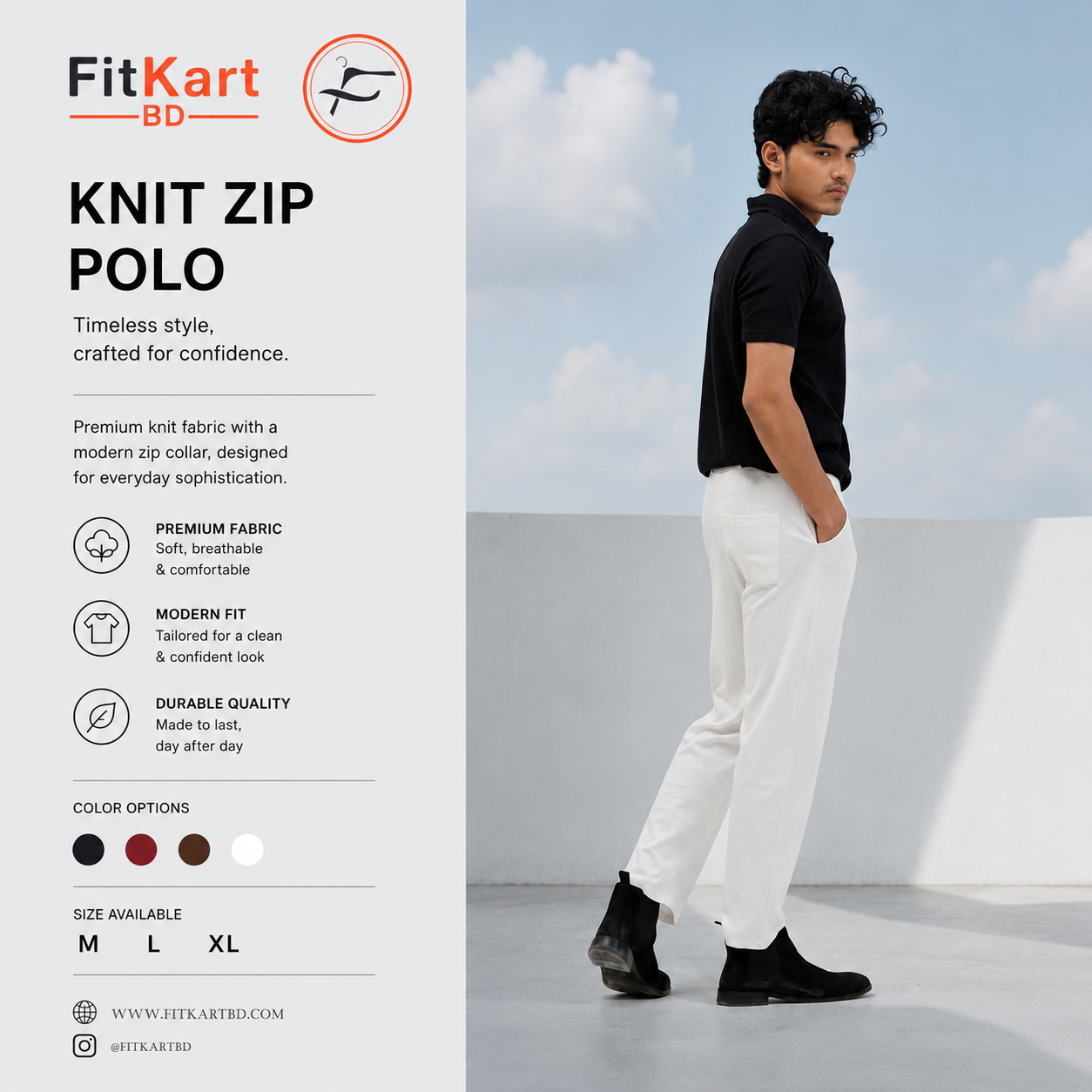 Zipper Polo Black T-Shirt & White Pant COMBO SET
