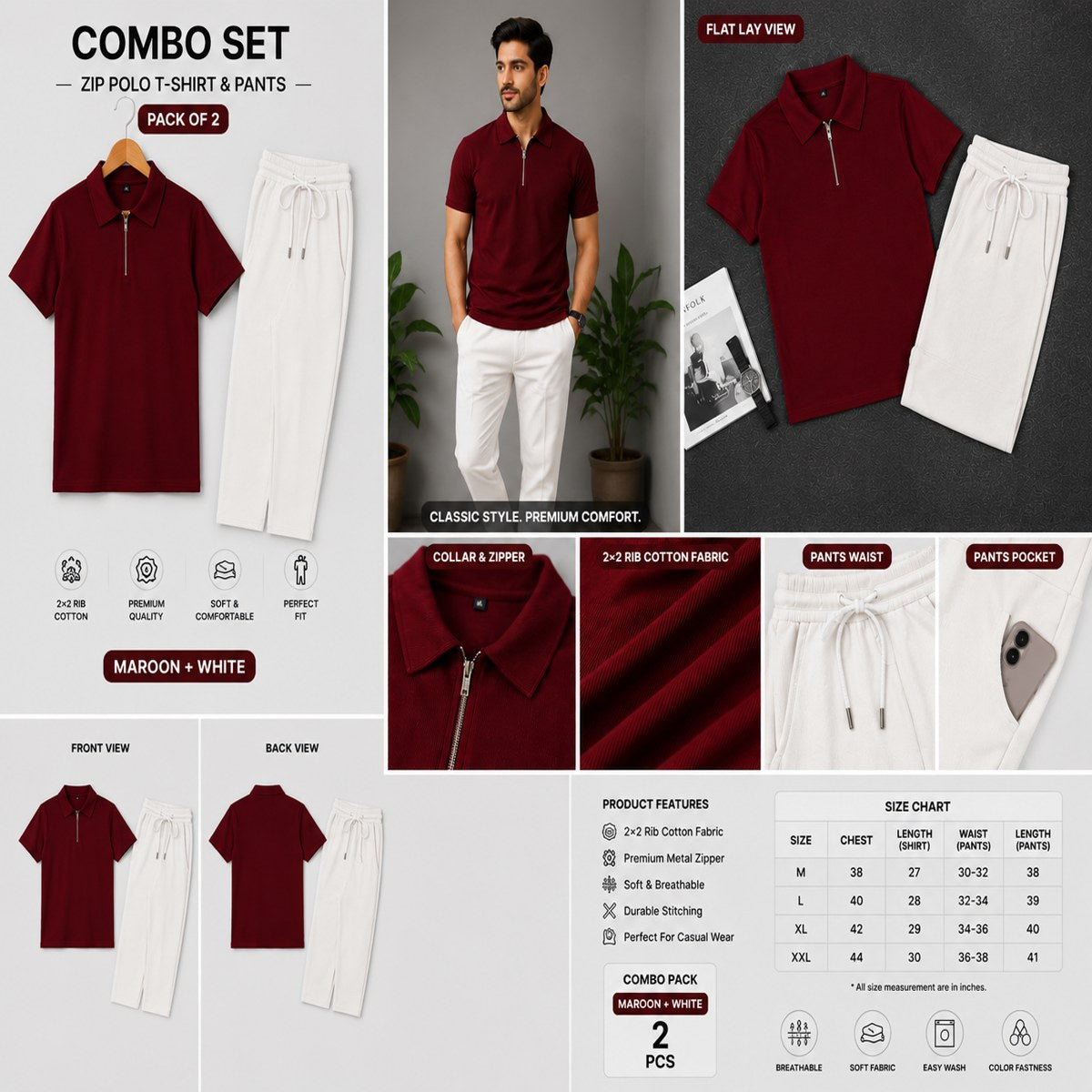 Zipper Polo Maroon T-Shirt  & White Pant COMBO SET Premium