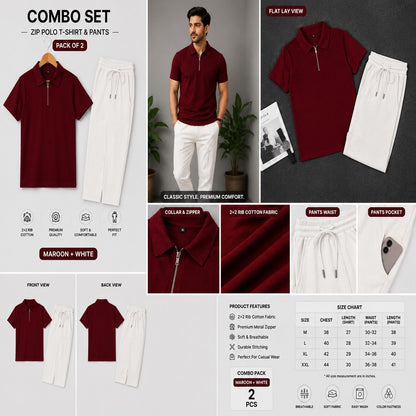 Zipper Polo Maroon T-Shirt  & White Pant COMBO SET Premium