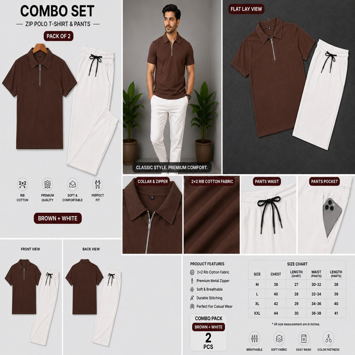 Zipper Polo Coffee Colored T-Shirt  & White Pant COMBO SET Premium