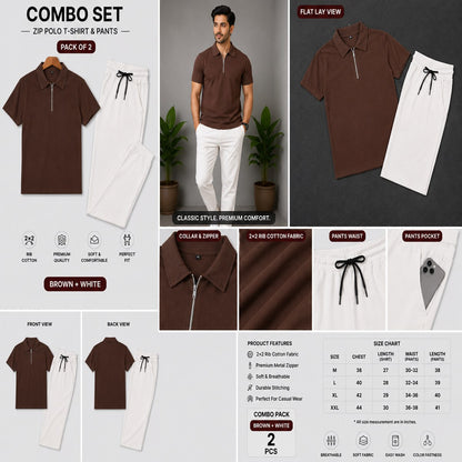 Zipper Polo Coffee Colored T-Shirt  & White Pant COMBO SET Premium
