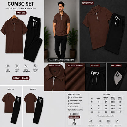 Zipper Polo Coffee Colored T-Shirt  & Black Pant COMBO SET Premium
