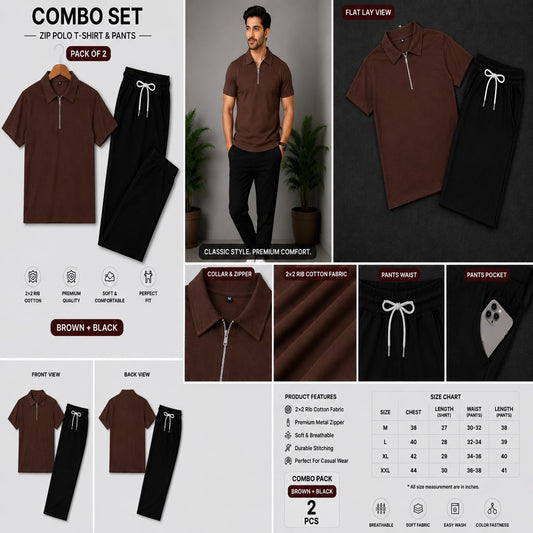 Zipper Polo Coffee Colored T-Shirt  & Black Pant COMBO SET Premium