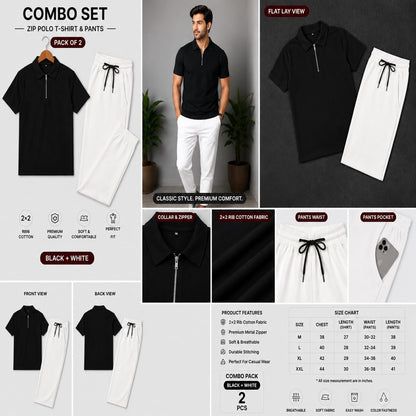 Zipper Polo Black Colored T-Shirt  & White Pant COMBO SET Premium