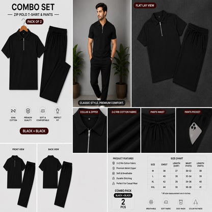 Zipper Polo Black Colored T-Shirt  & Black Pant COMBO SET Premium