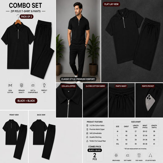 Zipper Polo Black Colored T-Shirt  & Black Pant COMBO SET Premium