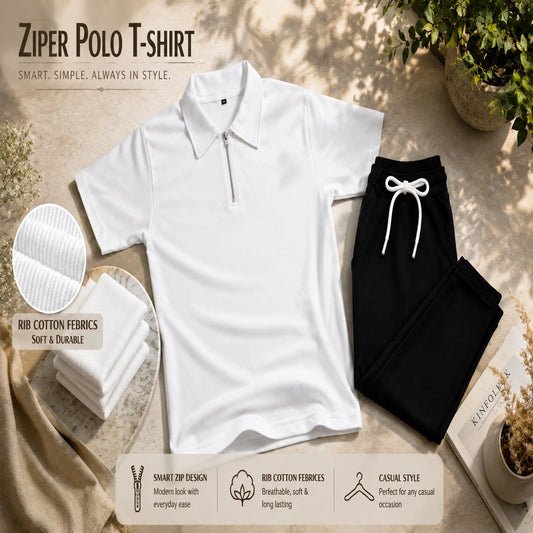 Zipper Polo White T-Shirt  & Black Pant COMBO SET Premium