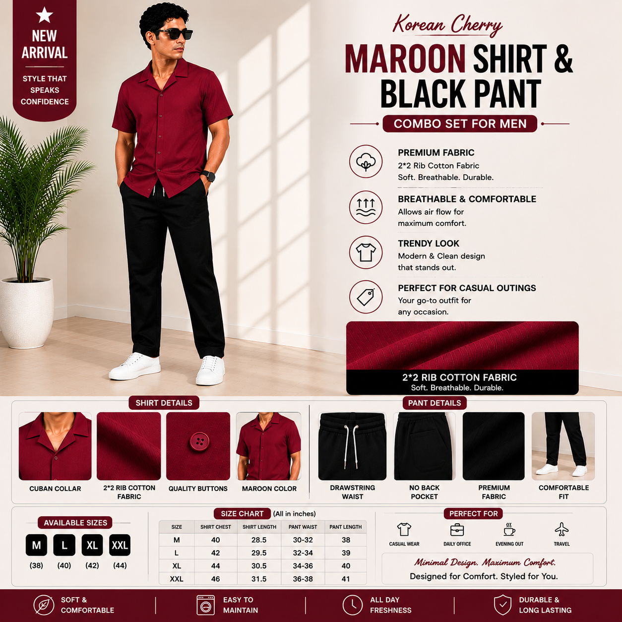 Premium Korean Cherry Maroon Shirt & Black Pant Combo Set for Men