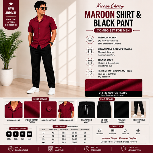 Premium Korean Cherry Maroon Shirt & Black Pant Combo Set for Men