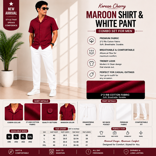 Premium Korean Cherry Maroon Shirt & white Pant Combo Set for Men