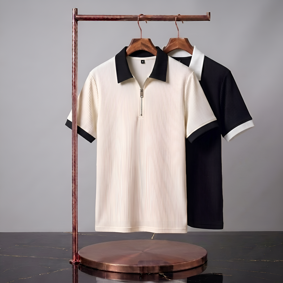 Men's Premium Quarter-Zip Ribbed Polo Combo - Off-White/Beige & Black Contrast Collar T-Shirts (Pack of 2)
