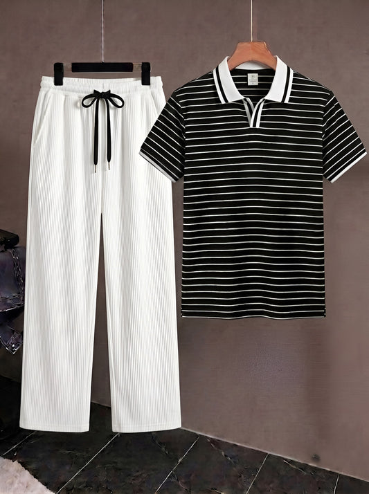 Men's Premium Old Money Style Combo Set - Black Striped Open-Collar Polo T-Shirt & Off-White/White Ribbed Trouser (2-Piece Set)