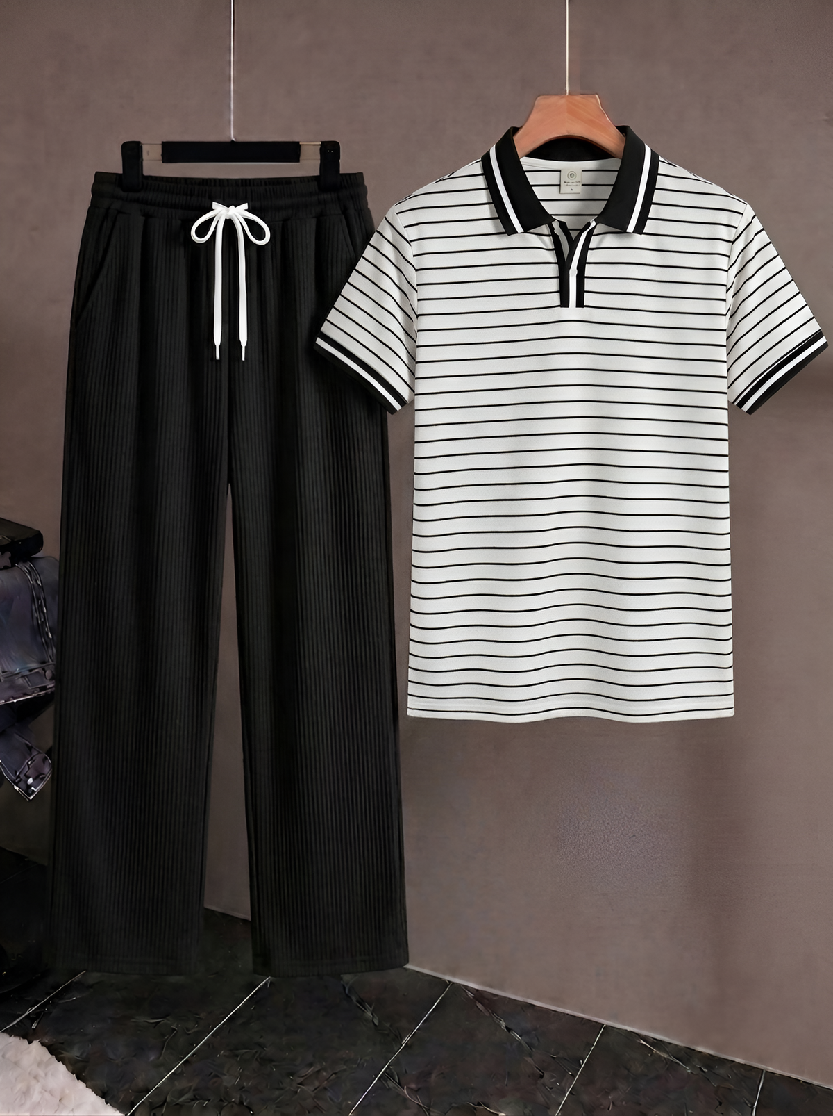 Men's Premium Old Money Style Combo Set - White Striped Open-Collar Polo T-Shirt & Black Ribbed Trouser (2-Piece Set)