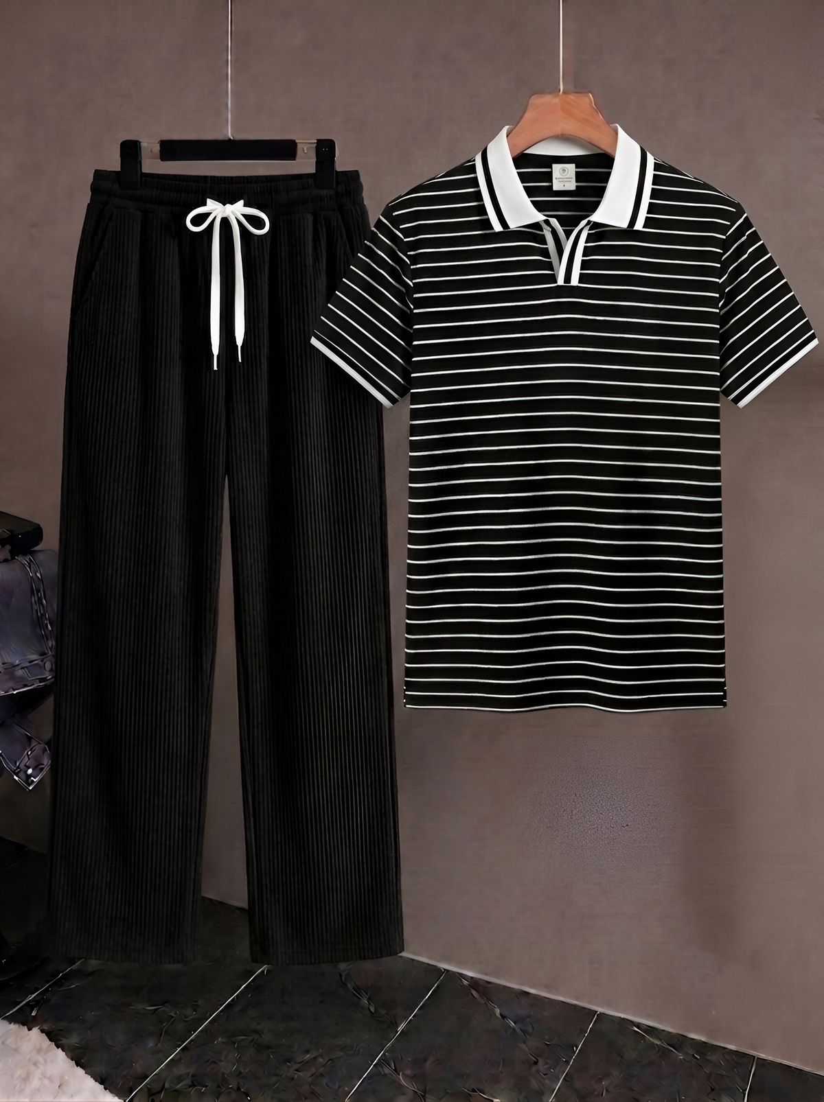 Men's Premium Old Money Style Combo Set - Black Striped Open-Collar Polo T-Shirt & Black Ribbed Trouser (2-Piece Set)