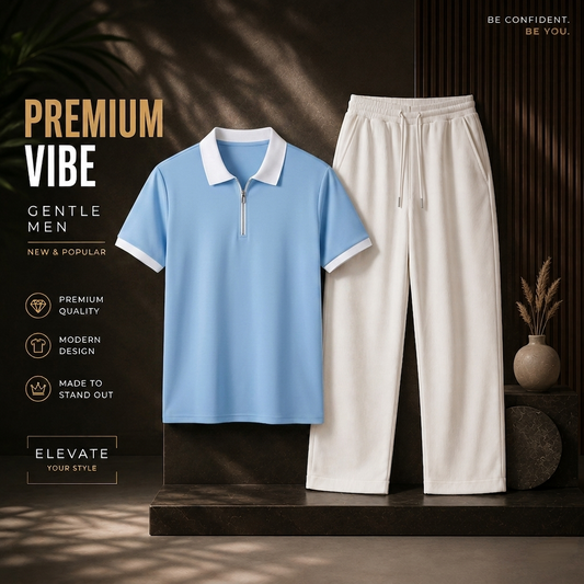 Man's Loose Fit Zipper Polo & Trouser Set - Sky-Blue & White Premium