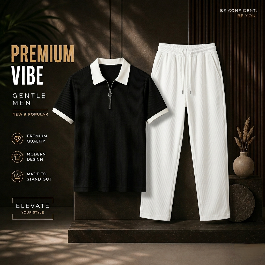 Man's Loose Fit Zipper Polo & Trouser Set - Black & White Premium