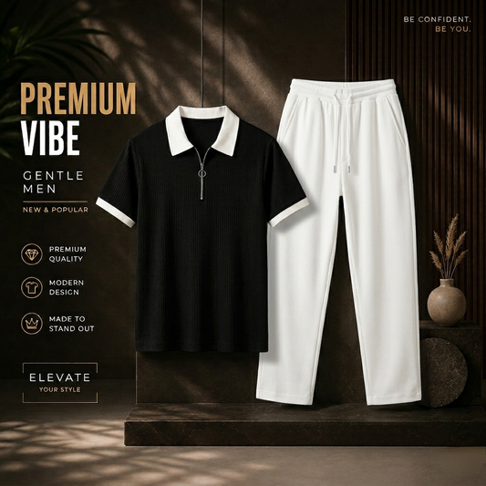 Man's Loose Fit Zipper Polo & Trouser Set - Black & White Premium