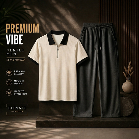Man's Loose Fit Zipper Polo & Trouser Set - white & black Premium