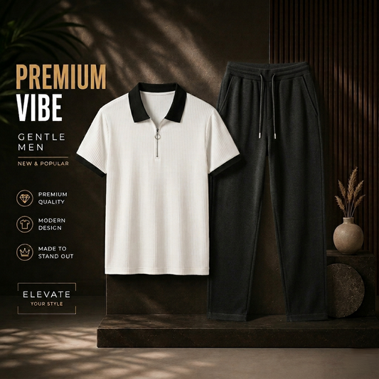 Man's Loose Fit Zipper Polo & Trouser Set - White & Black Premium