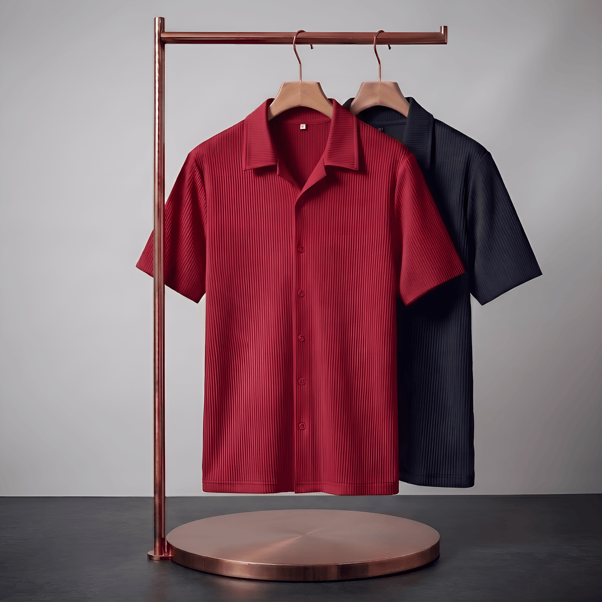 Men's Premium Korean Style Ribbed Casual Shirt Combo - Maroon Red & Black Cuban Collar Short Sleeve Shirts (Pack of 2)