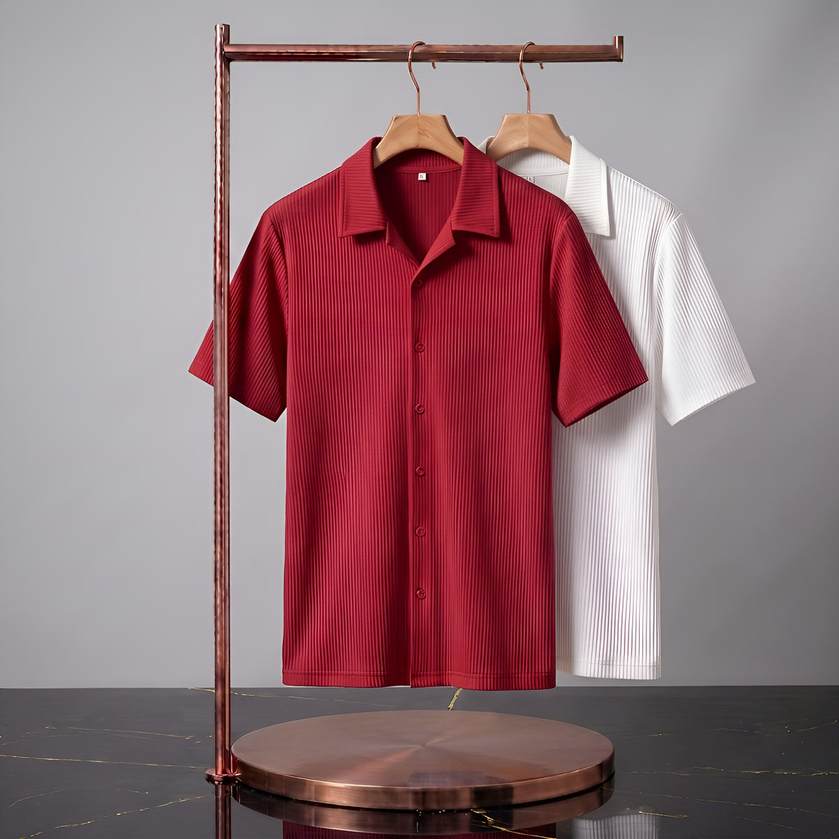 Men's Premium Korean Style Ribbed Casual Shirt Combo - Maroon Red & White Cuban Collar Short Sleeve Shirts (Pack of 2)