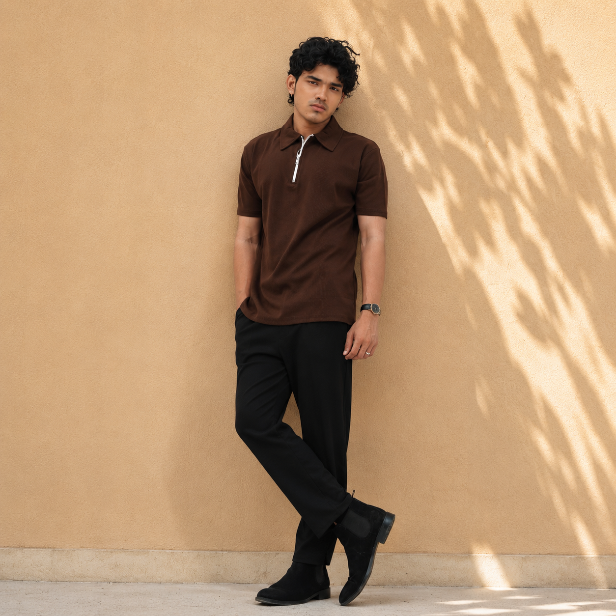 Zipper Polo Coffee Colored T-Shirt  & Black Pant COMBO SET Premium