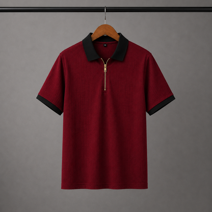 Man's Loose Fit Zipper Polo & Trouser Set - Maroon & White Premium