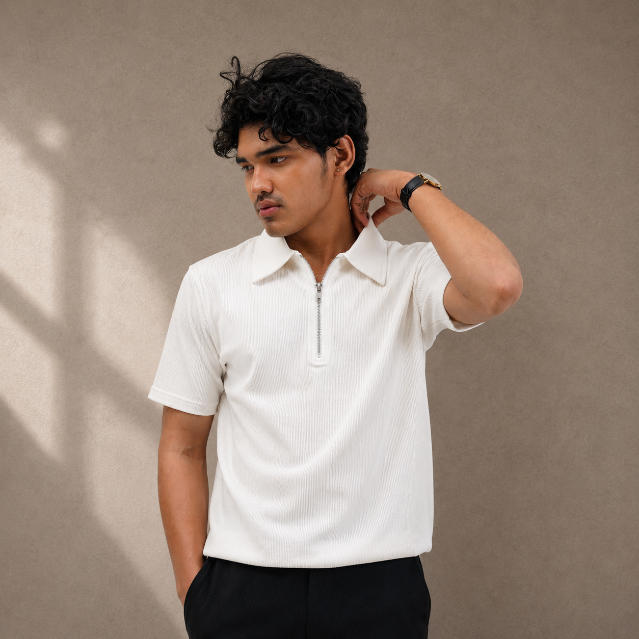 Zipper Polo White T-Shirt  & Black Pant COMBO SET Premium