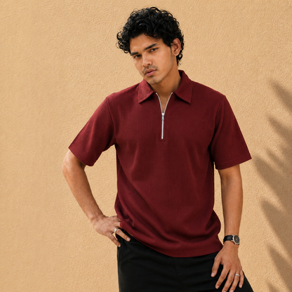 Zipper Polo Maroon T-Shirt  & Black Pant COMBO SET