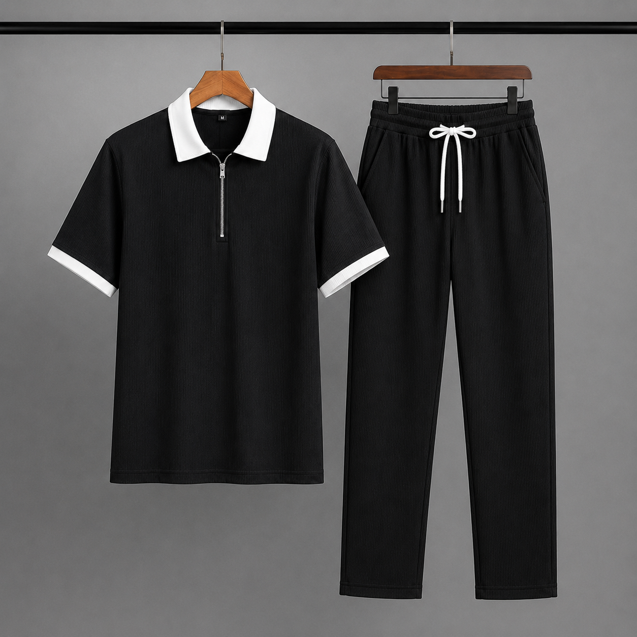 Man's Loose Fit Zipper Polo & Trouser Set - BLACK & BLACK