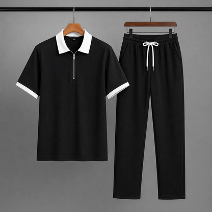 Man's Loose Fit Zipper Polo & Trouser Set - BLACK & BLACK