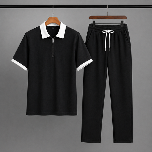 Man's Loose Fit Zipper Polo & Trouser Set - BLACK & BLACK